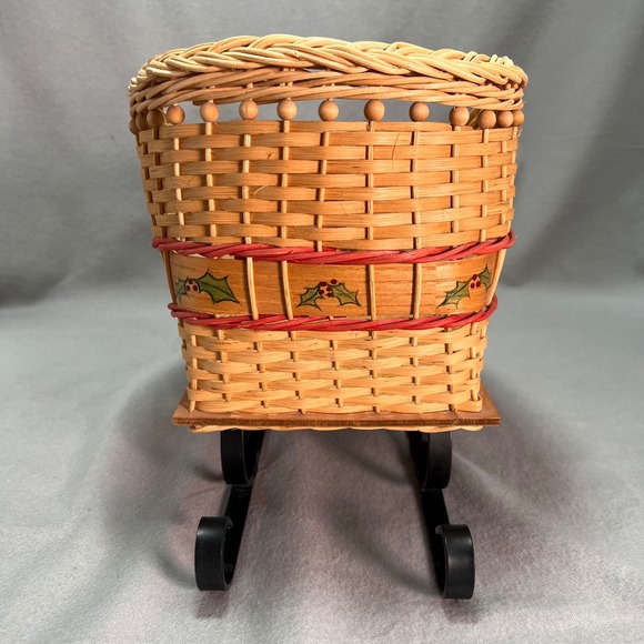 Handwoven Sleigh Basket Hand Painted Holly Band Cozy Cottage Holiday Decor - Picture 4 of 12